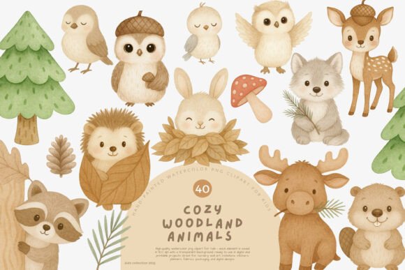 Download Cozy Woodland Animals Watercolor Clipart - Cozy woodland Collection