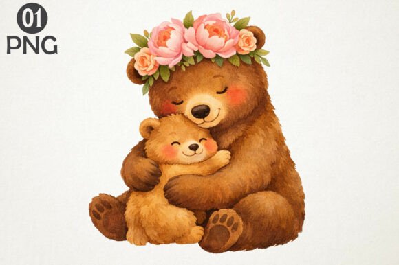 Download Cute Bear Mom Baby Floral Clipart PNG - Cute bear Collection