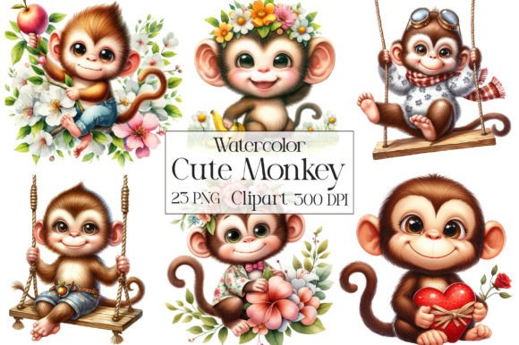 Download Watercolor Cute Monkey Clipart Bundle - Monkey Collection