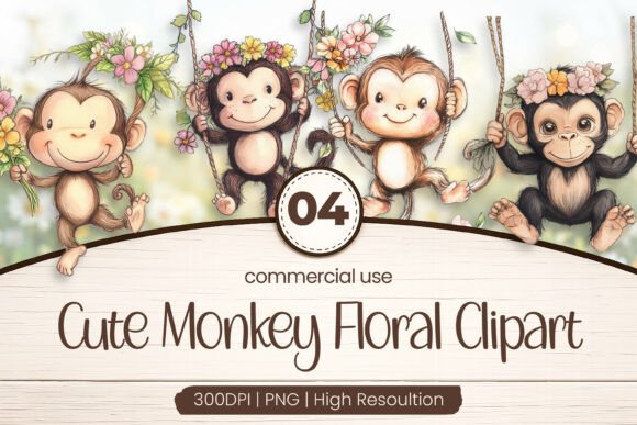 Download Cute Monkey Floral Clipart PNG - Monkey Collection
